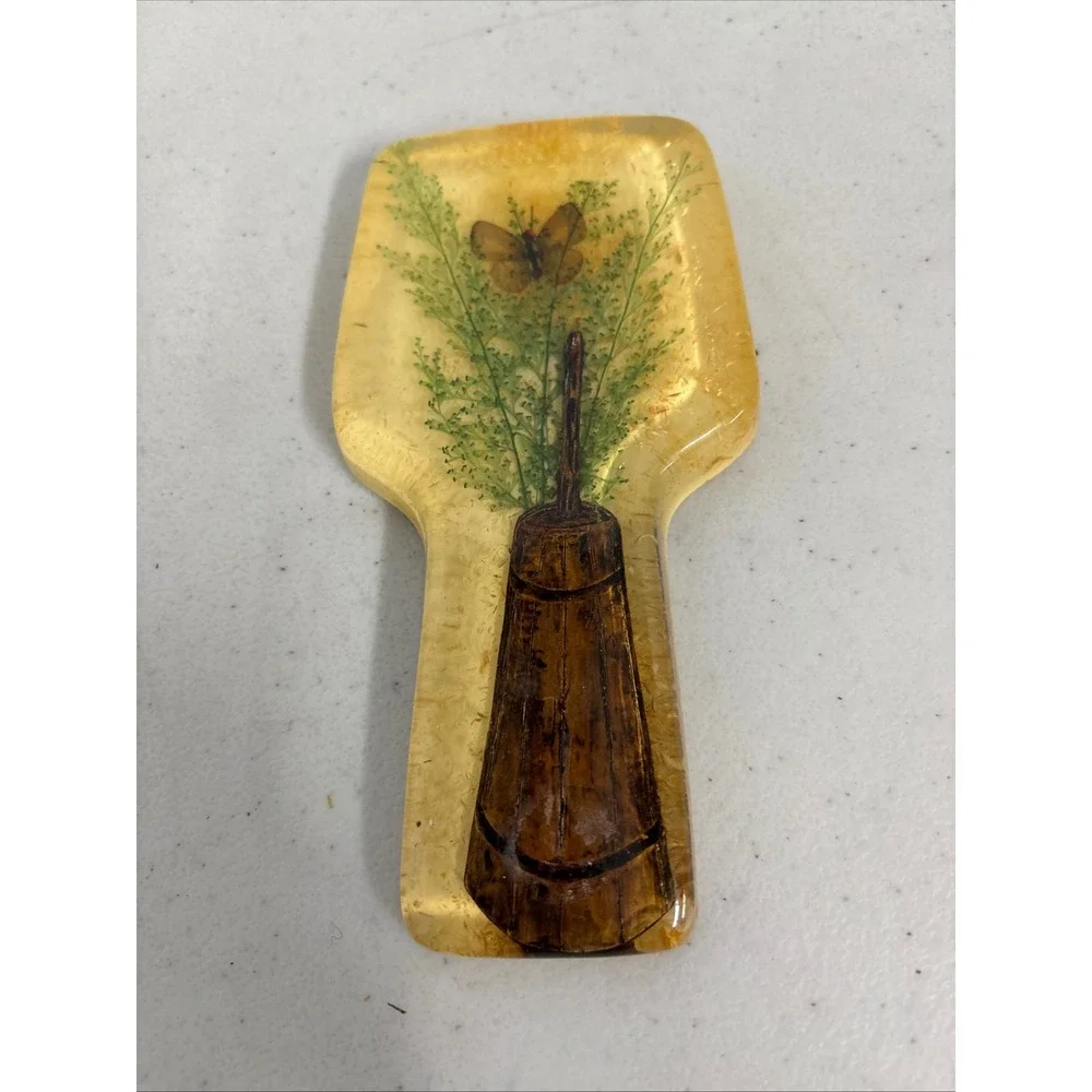 Vintage Resin Spoon Rest Butterfly Botanical Pressed‎ Flower Amber Lucite 70s